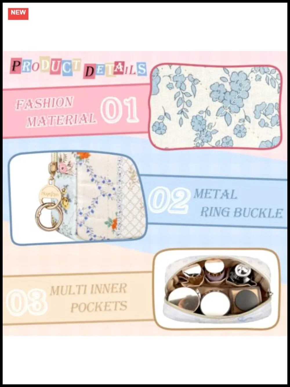 Quilted Cotton Cosmetic Pouch with Multiple Pockets, Travel Makeup Bag with